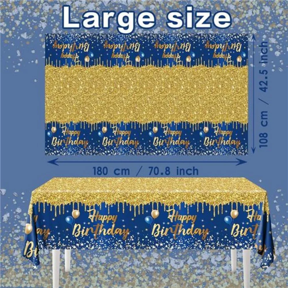 Happy Birthday Tablecloth 3 Pack Navy Blue Gold Party Table Covers for Adults